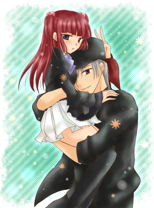 maekawa suu, amakusa juuza, ushiromiya ange, umineko no naku koro ni, silver hair, bad id, bad pixiv id, 00s, carrying, hair bobbles, hair ornament, hat, red hair, skirt, v
