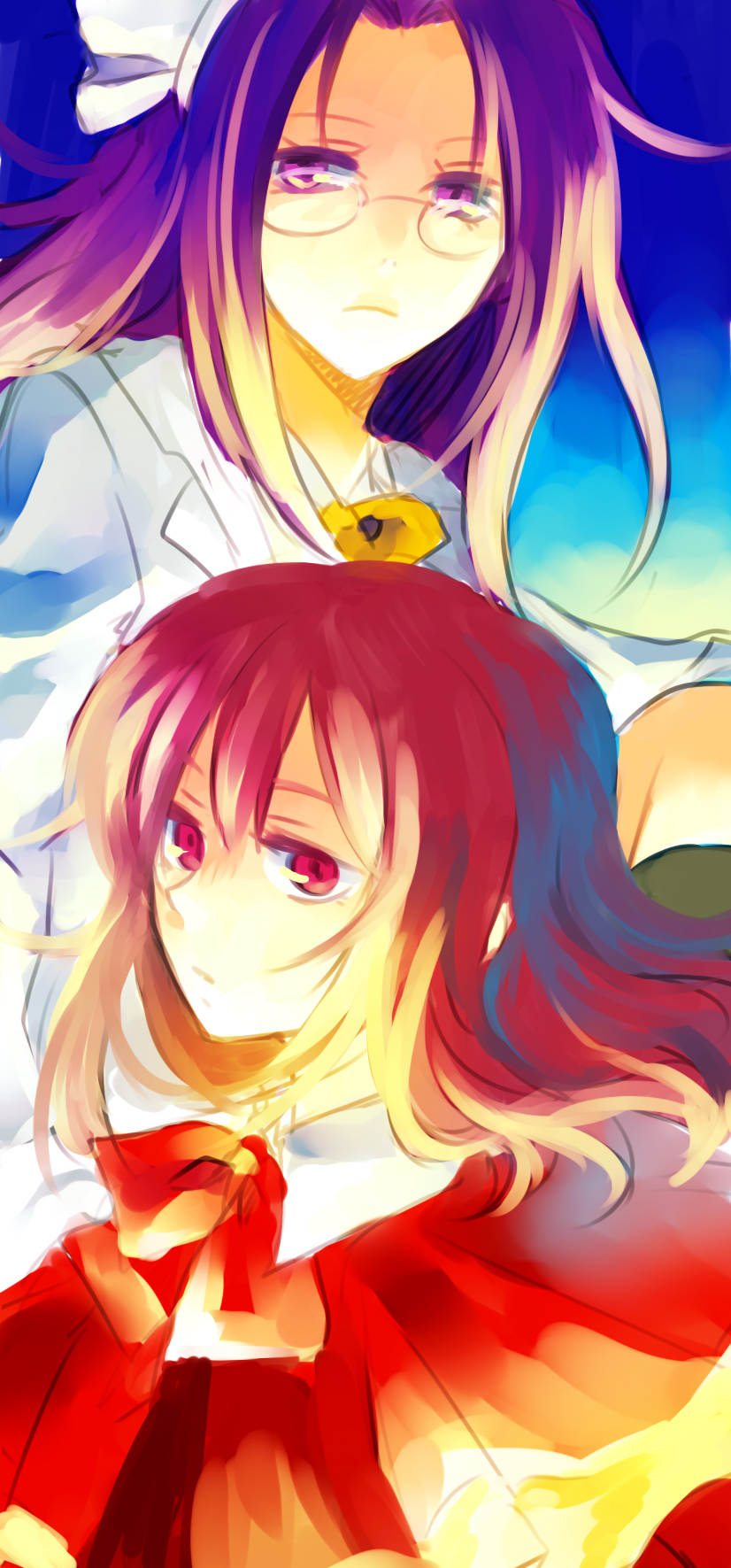 nr (cerumia), nr (cmnrr), nr (pixiv), asakura rikako, okazaki yumemi, phantasmagoria of dim.dream, touhou, touhou (pc-98), bad id, bad pixiv id, highres, 2girls, capelet, female focus, glasses, hair ribbon, multiple girls, purple eyes, purple hair, red eyes, red hair, ribbon