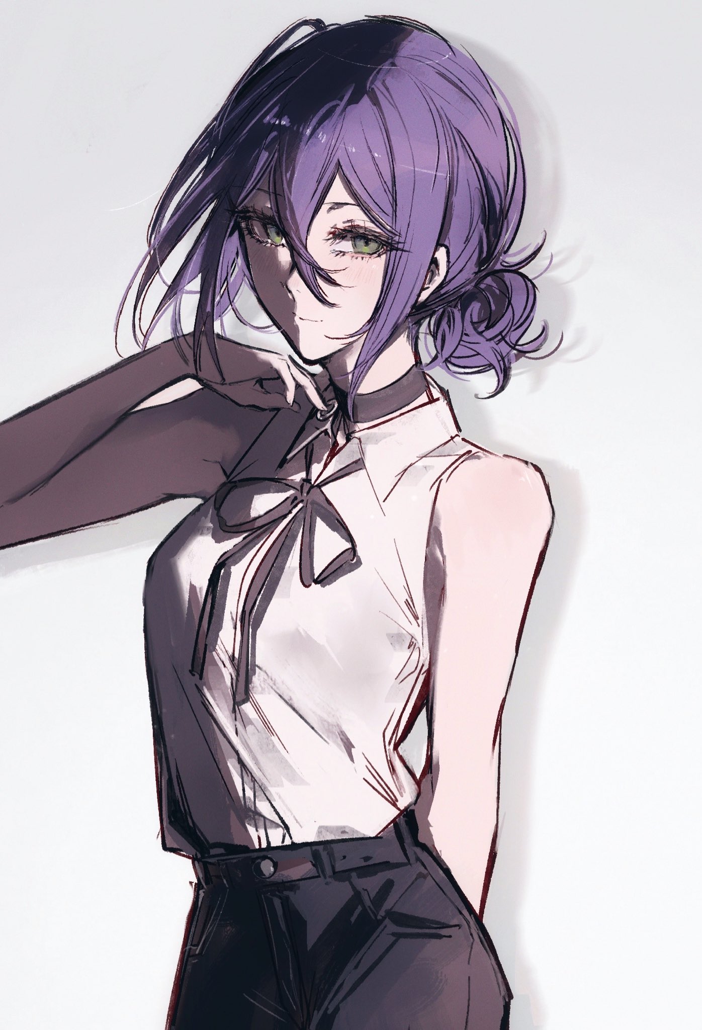 moku (muooku), reze (chainsaw man), chainsaw man, commentary, highres, 1girl, arms behind back, black choker, black ribbon, choker, closed mouth, collared shirt, cowboy shot, crossed bangs, gradient background, green eyes, grey background, hair between eyes, hair bun, hand up, long hair between eyes, looking at viewer, medium hair, neck ribbon, purple hair, ribbon, shirt, sleeveless, sleeveless shirt, solo, white shirt