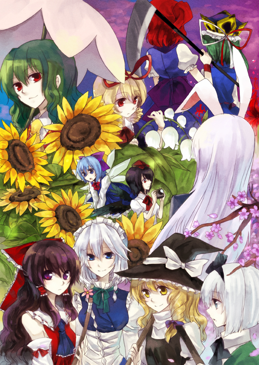 nr (cerumia), nr (cmnrr), nr (pixiv), cirno, hakurei reimu, izayoi sakuya, kazami yuuka, kirisame marisa, konpaku youmu, medicine melancholy, onozuka komachi, reisen udongein inaba, shameimaru aya, shiki eiki, phantasmagoria of flower view, touhou, bad id, bad pixiv id, 6+girls, blonde hair, flower, green hair, long hair, multiple girls, sunflower