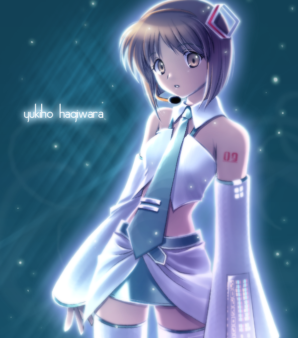 hagiwara yukiho, idolmaster, idolmaster (classic), vocaloid, non-web source, 1girl, bare shoulders, brown eyes, brown hair, collar, cool & sexy (idolmaster), crossover, detached collar, detached sleeves, female focus, halterneck, headset, midriff, necktie, parody, short hair, skirt, solo, thighhighs, zettai ryouiki