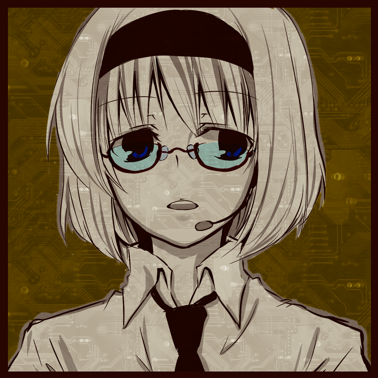 you at pome, alice margatroid, touhou, bad id, bad pixiv id, highres, 1girl, bespectacled, blue eyes, female focus, glasses, grey hair, headset, microphone, monochrome, necktie, short hair, solo, spot color