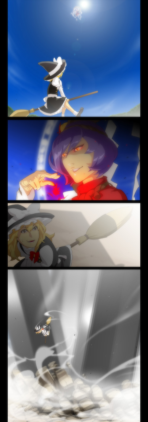 fugi jis, kirisame marisa, yasaka kanako, touhou, highres, 2girls, blonde hair, broom, broom riding, comic, female focus, gradient background, hat, multiple girls, outdoors, sky