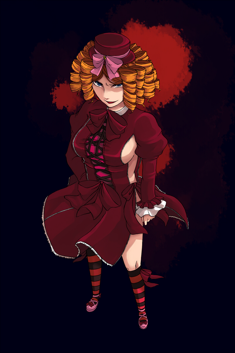 gaap (umineko), umineko no naku koro ni, highres, 00s, 1girl, blood, bow, breasts, female focus, frills, hat, mini hat, mini top hat, pink bow, red hair, sideboob, socks, solo, striped clothes, striped socks, top hat