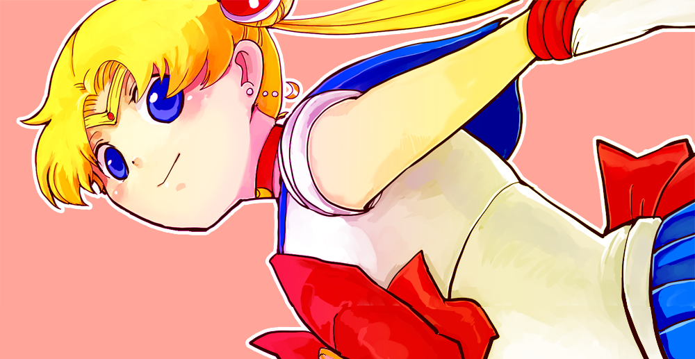 azuma yukihiko, sailor moon, tsukino usagi, bishoujo senshi sailor moon, bad id, bad pixiv id, 1990s (style), 1girl, blonde hair, blue eyes, blue sailor collar, blush, bow, choker, circlet, double bun, dutch angle, earrings, elbow gloves, female focus, gloves, hair bun, jewelry, magical girl, red bow, retro artstyle, ribbon, sailor collar, simple background, solo, tiara, twintails
