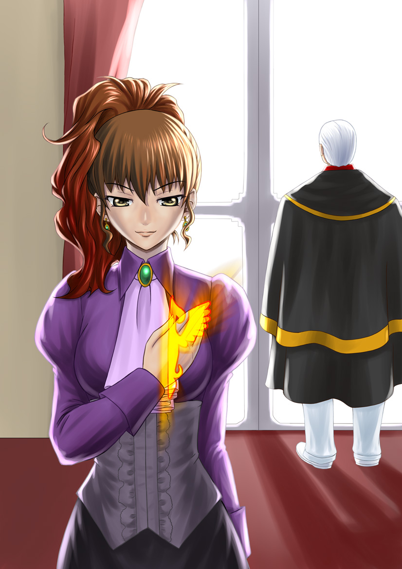 210ten, ushiromiya kinzou, ushiromiya natsuhi, umineko no naku koro ni, 00s, 1boy, 1girl, ascot, brown hair, cape, gradient hair, long hair, multicolored hair, red hair, smile, white hair, yellow eyes
