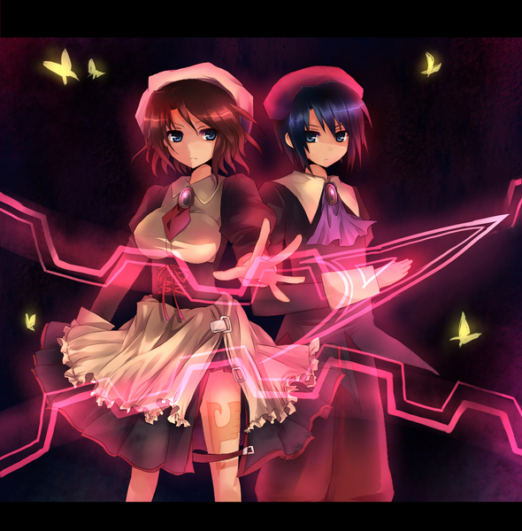 suzushiro kurumi, kanon (umineko), shannon (umineko), umineko no naku koro ni, 00s, 1boy, 1girl, apron, ascot, beret, black background, black hair, blue eyes, brown hair, bug, butterfly, corset, dress, expressionless, gem, hat, insect, letterboxed, maid, maid apron, necktie, outstretched hand, pants, short hair