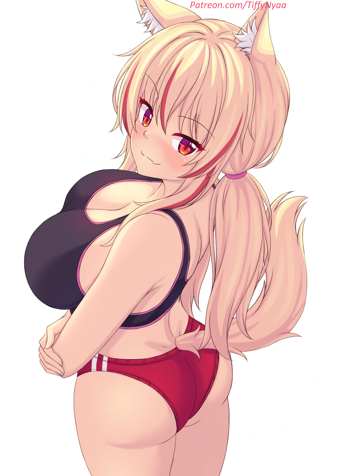 nottytiffy, tiffy (nottytiffy), original, highres, 1girl, :3, animal ears, ass, black sports bra, blonde hair, blush, breasts, buruma, cat ears, cat girl, cat tail, cleavage, collarbone, crossed arms, fang, from behind, large breasts, long hair, looking at viewer, looking back, low ponytail, multicolored hair, ponytail, red buruma, red eyes, red hair, slit pupils, smile, sports bra, standing, streaked hair, tail, white background