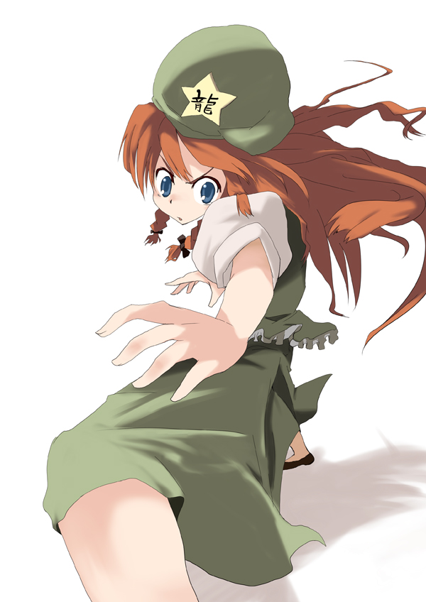mieharu, hong meiling, immaterial and missing power, touhou, translated, 1girl, braid, china dress, chinese clothes, dress, female focus, hat, long hair, red hair, ribbon, solo, twin braids, white background