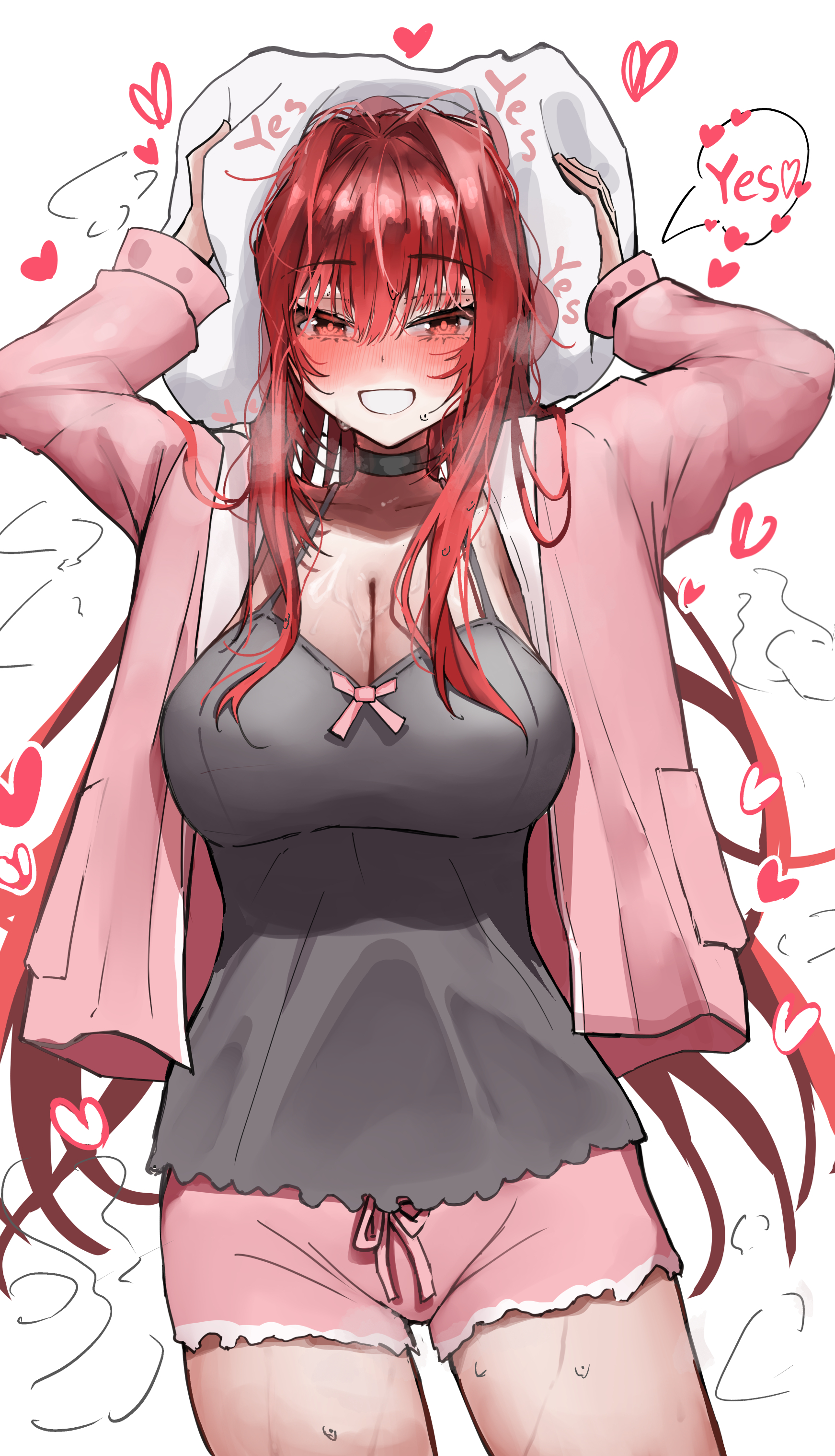 iwazaki, rapi (nikke), rapi (red hood) (cherished red) (nikke), rapi (red hood) (nikke), goddess of victory: nikke, absurdres, highres, 1girl, arms up, babydoll, blush, breasts, choker, cleavage, collarbone, cowboy shot, jacket, large breasts, long hair, matching hair/eyes, open mouth, pillow, pink jacket, pink shorts, red eyes, red hair, shorts, smile, solo, speech bubble, standing, steaming body, sweat, wet, wet hair, yes-no pillow