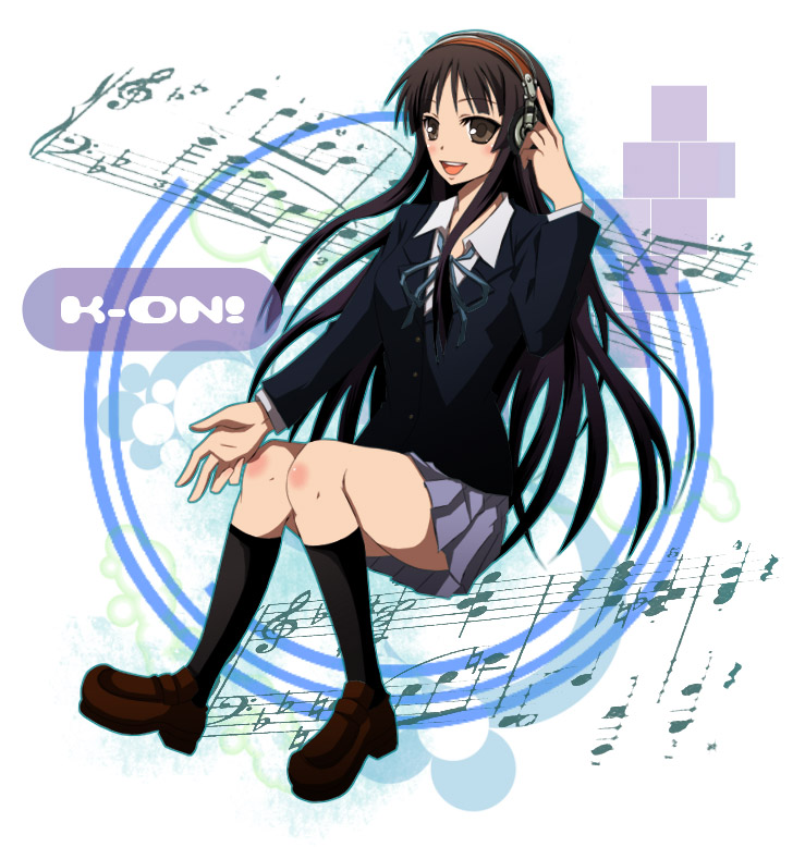 aira (endless5515), akiyama mio, akg, k-on!, 00s, 1girl, akg k-series headphones, black hair, blunt bangs, female focus, headphones, hime cut, long hair, school uniform, solo