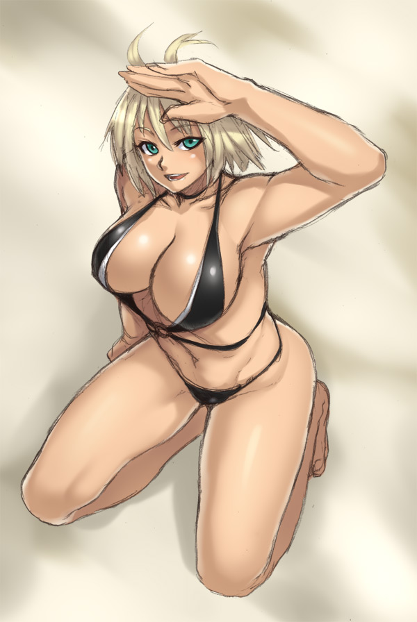 houtengeki, 1girl, artistic error, bikini, black bikini, blonde hair, breasts, female focus, green eyes, large breasts, short hair, solo, swimsuit