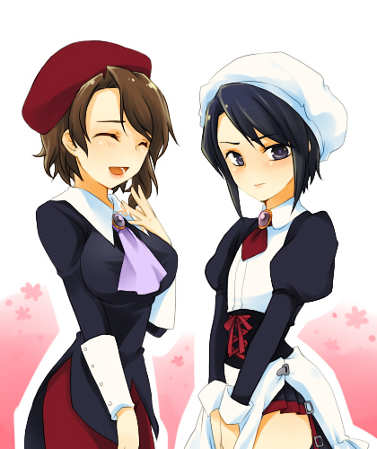 meimone, kanon (umineko), shannon (umineko), umineko no naku koro ni, bad id, bad pixiv id, lowres, blue hair, brown hair, closed eyes, cosplay, costume switch, crossdressing, purple eyes