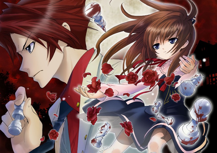 ushiromiya battler, ushiromiya maria, umineko no naku koro ni, artist request, 00s, 1boy, 1girl, blood, blue eyes, board game, brown hair, chess, cousins, flower, red hair, rose