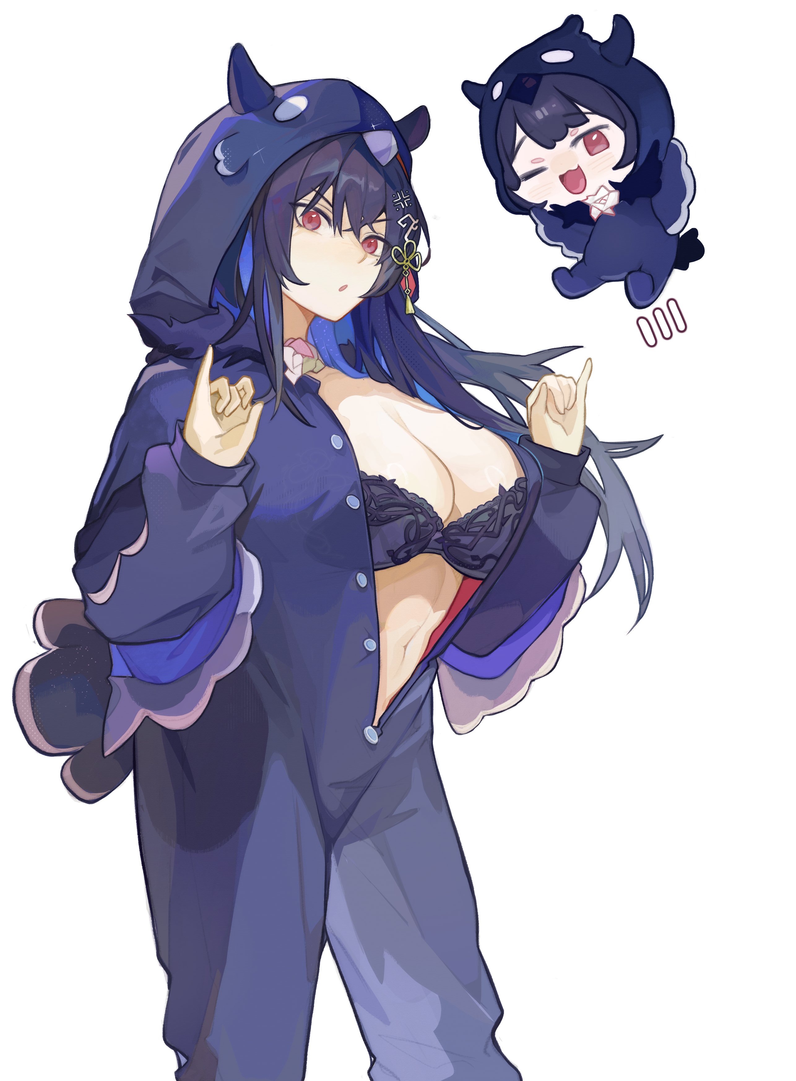 akurin 14, nerissa ravencroft, hololive, hololive english, absurdres, highres, 1girl, black bodysuit, black bra, black hair, blue hair, bodysuit, bra, breasts, chibi, chibi inset, cleavage, cowboy shot, large breasts, long hair, mole, mole under eye, multicolored hair, onesie, purple eyes, simple background, solo, two-tone hair, underwear, virtual youtuber, white background