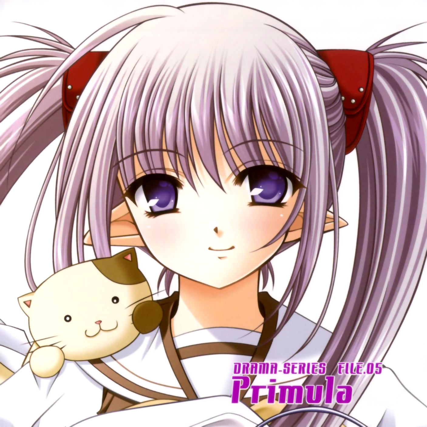 nishimata aoi, primula, shuffle!, silver hair, highres, official art, 00s, 1girl, cat, close-up, female focus, hair rings, pointy ears, purple eyes, school uniform, smile, solo, stuffed animal, stuffed cat, stuffed toy, twintails