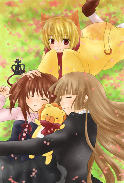 sakutarou (umineko), ushiromiya maria, ushiromiya rosa, umineko no naku koro ni, 00s, 1boy, 2girls, hime cut, hug, multiple girls, sleeping, stuffed animal, stuffed lion, stuffed toy