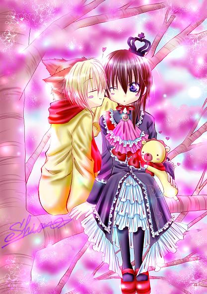 maria (umineko), sakutarou (umineko), umineko no naku koro ni, 00s, 1boy, 1girl, crown, dress, frills, hetero, kiss, pantyhose, ribbon, stuffed animal, stuffed lion, stuffed toy, tree