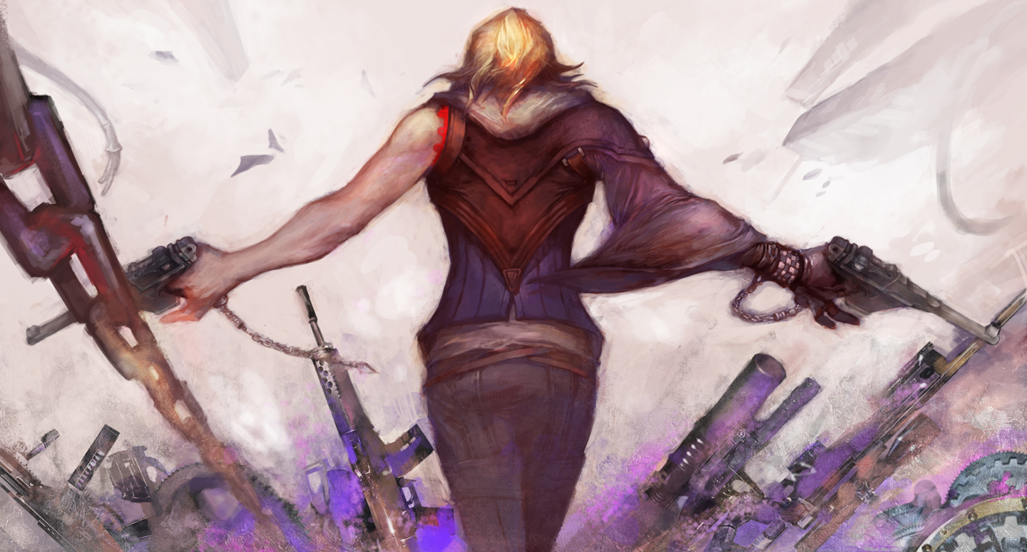 chang, chang (pixiv), original, bad id, bad pixiv id, gender request, ai arctic warfare, androgynous, blonde hair, bolt action, chain, cowboy shot, finger on trigger, from behind, gun, h&k ump, looking back, rifle, sniper rifle, solo, standing, weapon