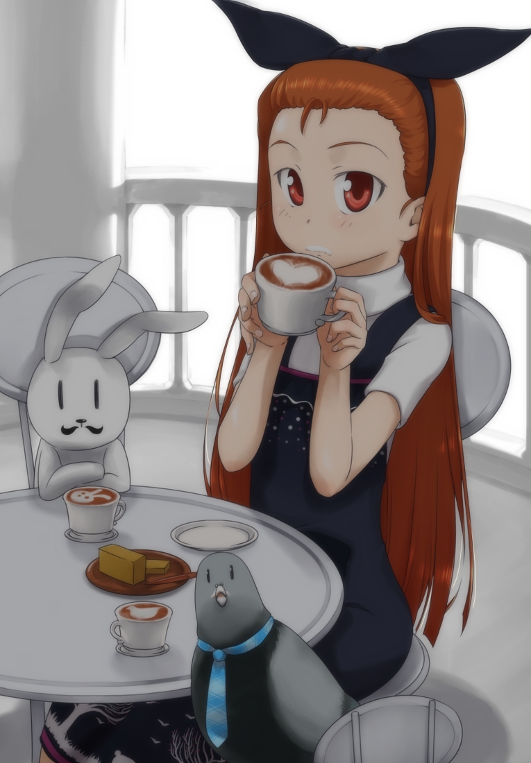 ttomm, minase iori, idolmaster, idolmaster (classic), 00s, 1girl, bird, child, coffee, cream, cup, facial hair, female focus, hairband, latte art, mustache, necktie, pigeon, solo, stuffed animal, stuffed rabbit, stuffed toy