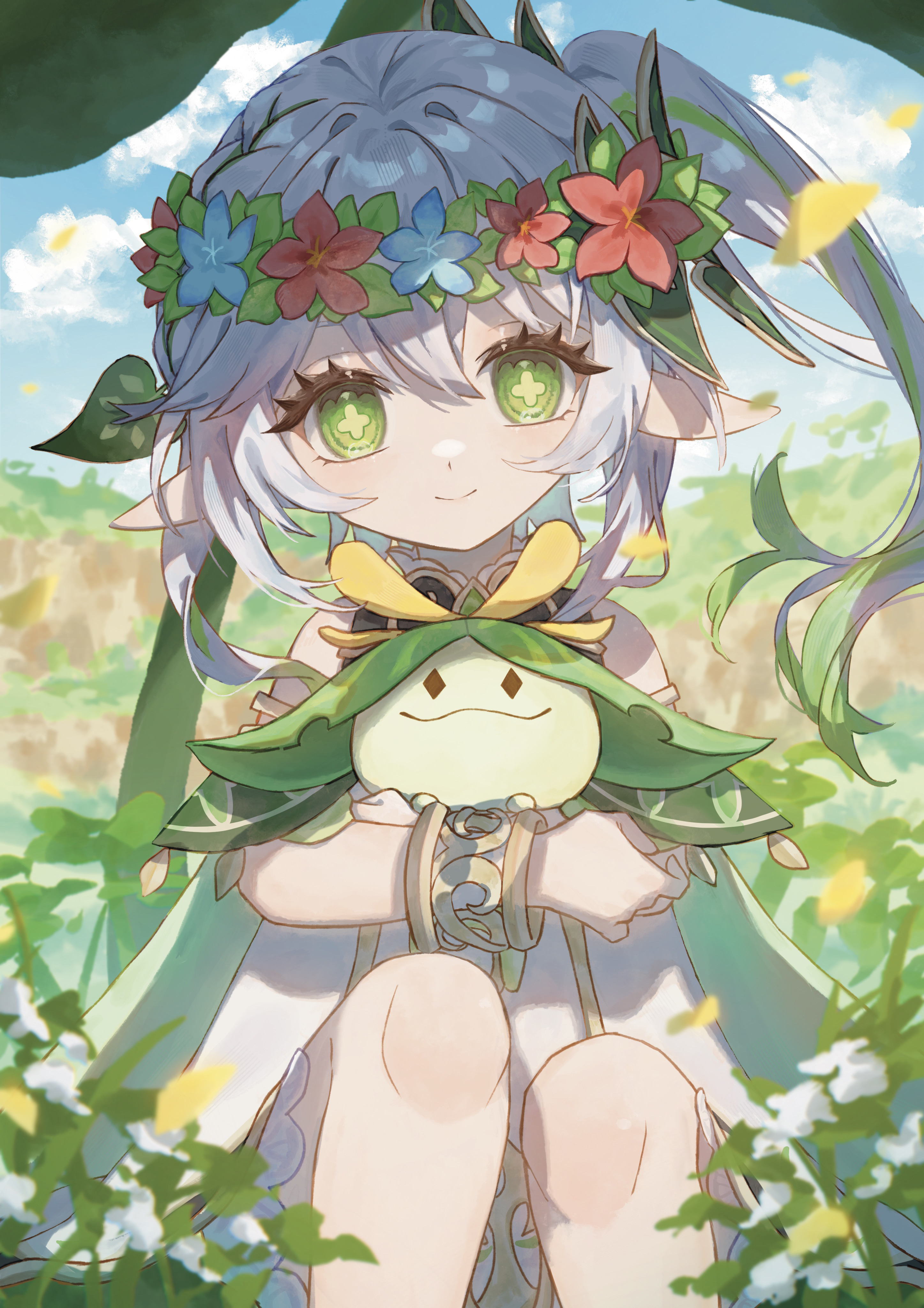 riri hashi, aranara (genshin impact), nahida (genshin impact), genshin impact, absurdres, highres, 1girl, blue flower, bracelet, closed mouth, cross-shaped pupils, detached sleeves, dress, feet out of frame, flower, gold bracelet, green eyes, green hair, hair between eyes, hair ornament, head wreath, hug, hug from behind, jewelry, leaf hair ornament, looking at viewer, multicolored hair, pointy ears, red flower, short sleeves, side ponytail, sitting, smile, symbol-shaped pupils, white dress, white hair