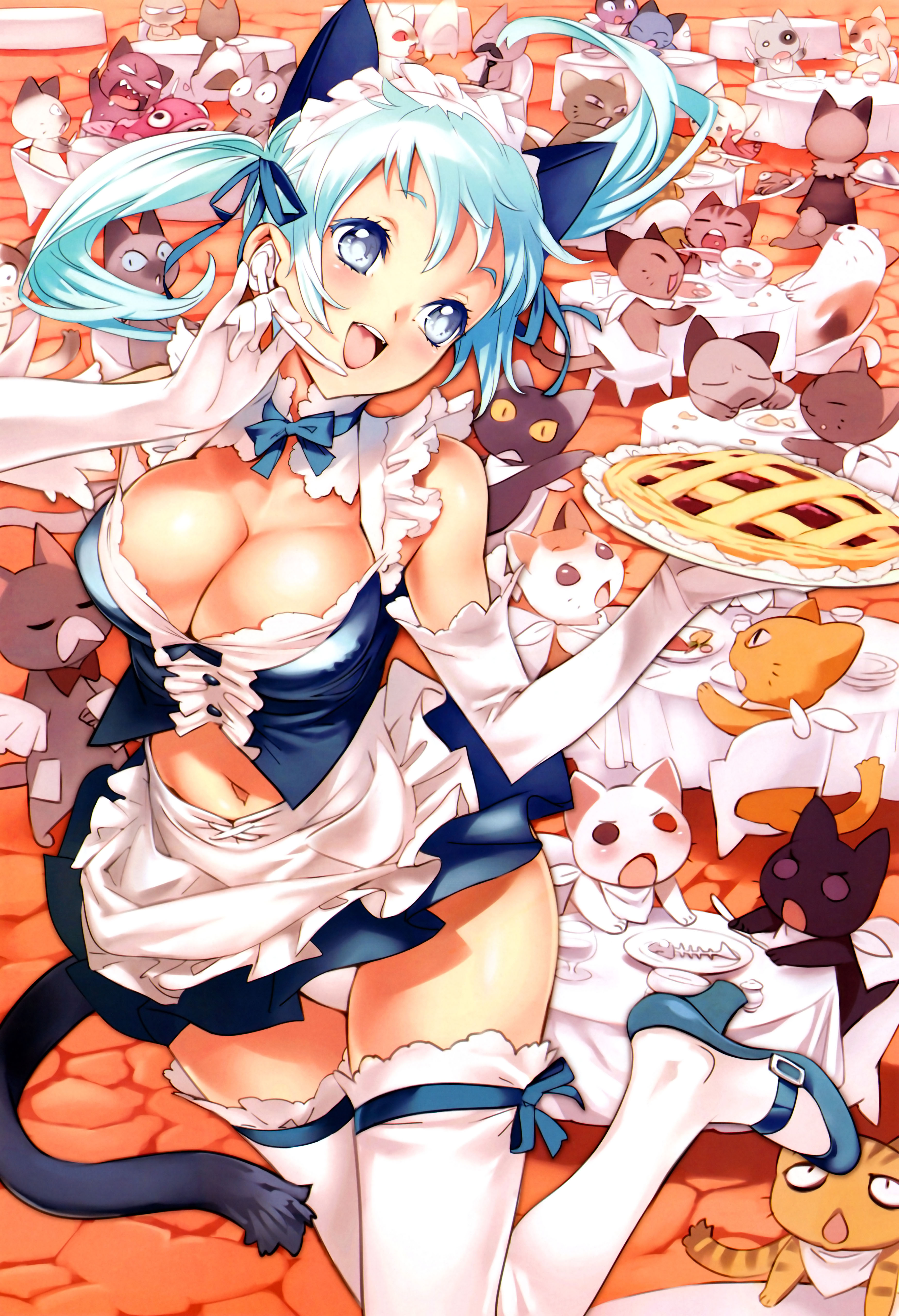nishieda, girl's avenue, megami magazine, original, absurdres, highres, official art, 1girl, animal, animal ears, apron, aqua hair, blue eyes, breasts, cat, cat ears, cat tail, cleavage, elbow gloves, female focus, food, frills, gloves, headset, high heels, large breasts, long hair, mary janes, navel, panties, pantyshot, pie, restaurant, ribbon, shoes, smile, solo, table, tail, thighhighs, too many, too many cats, twintails, underwear, waitress, white thighhighs