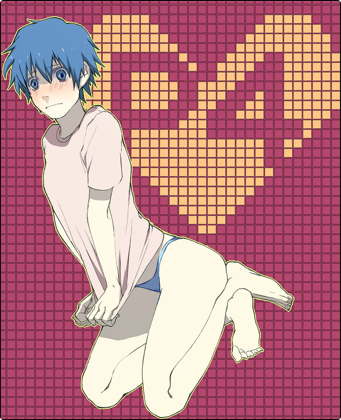 natsume (rosewhip), rosewhip, shirogane naoto, atlus, persona, persona 4, bad id, bad pixiv id, 1girl, androgynous, barefoot, blue hair, blush, feet, female focus, reverse trap, short hair, solo