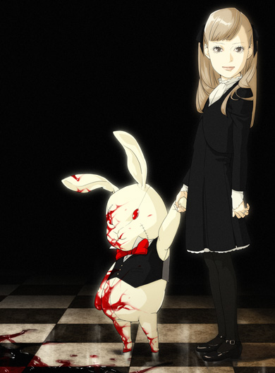 fugi jis, original, 1girl, blood, brown hair, checkered floor, child, creepy, dress, holding hands, horror (theme), mary janes, pantyhose, rabbit, shoes, stuffed animal, stuffed rabbit, stuffed toy, vest