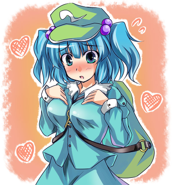 tokiniwa, kawashiro nitori, touhou, 1girl, backpack, bag, between breasts, blue eyes, blue hair, blush, breasts, female focus, hair bobbles, hair ornament, hat, key, large breasts, matching hair/eyes, randoseru, solo, twintails, two side up