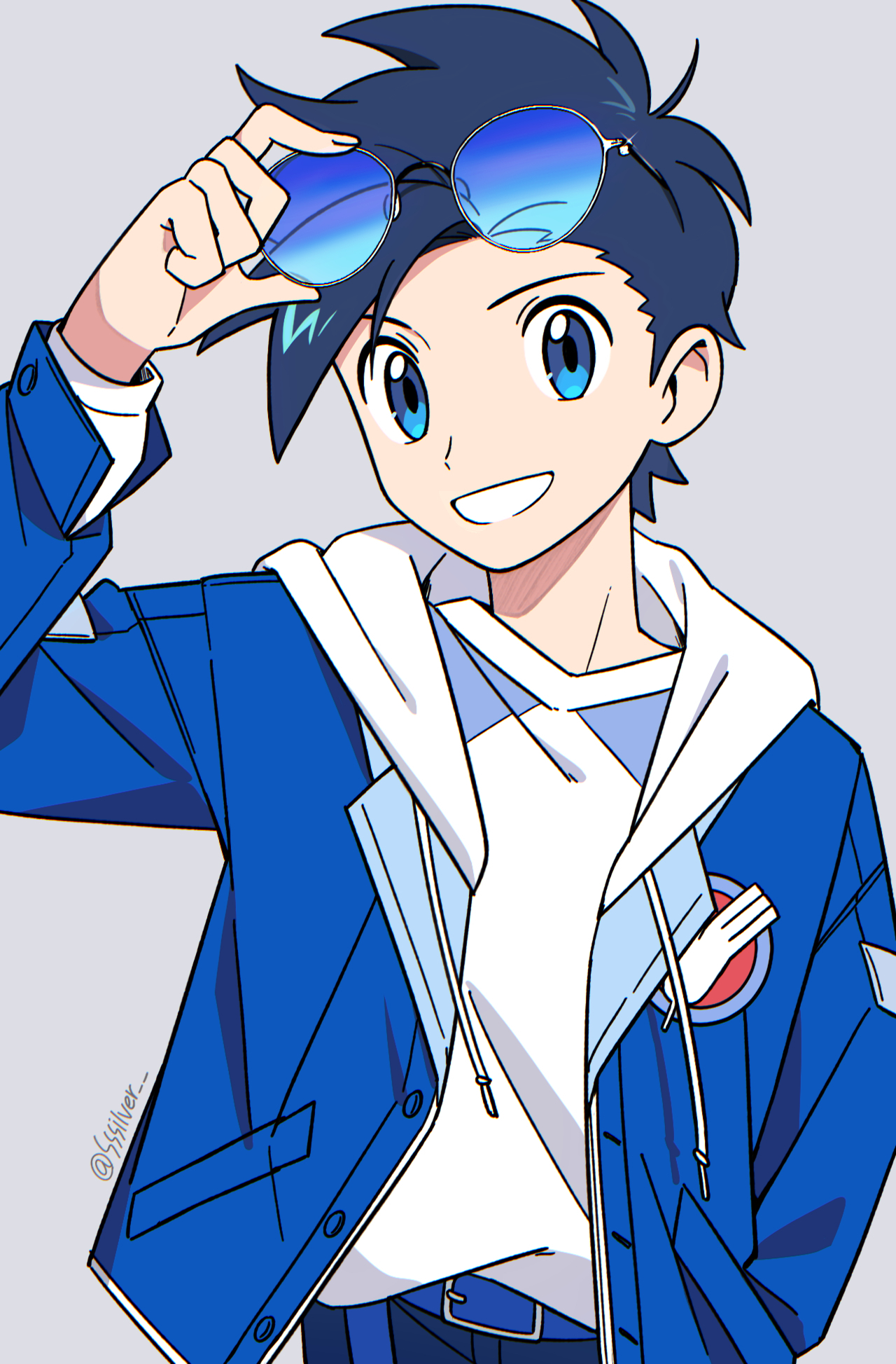 chueog, ethan (pokemon), ethan (sygna suit) (pokemon), nintendo, pokemon, pokemon masters ex, highres, 1boy, belt, belt buckle, blue-tinted eyewear, blue belt, blue eyes, blue hair, blue jacket, blue pants, buckle, eyewear on head, glasses, grey background, jacket, looking at viewer, male focus, official alternate costume, open clothes, open jacket, pants, parted lips, shirt, simple background, solo, teeth, tinted eyewear, twitter username, upper body, white shirt