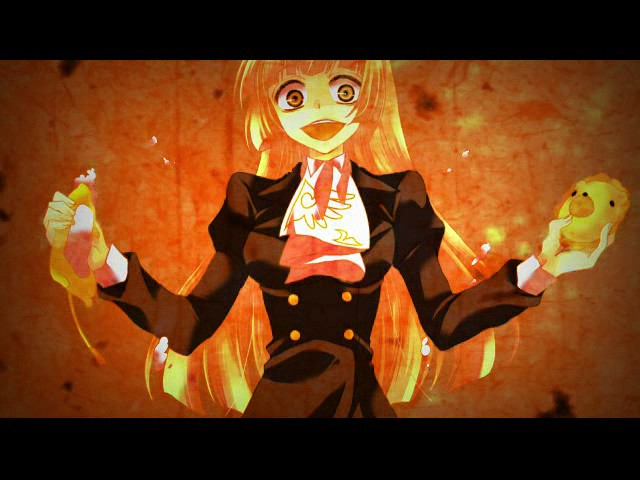 ico (pekoguest), sakutarou (umineko), ushiromiya rosa, umineko no naku koro ni, spoilers, 00s, 1girl, :d, black dress, blonde hair, blue eyes, buttons, crazy eyes, dress, female focus, hime cut, letterboxed, long sleeves, looking at viewer, open mouth, smile, solo