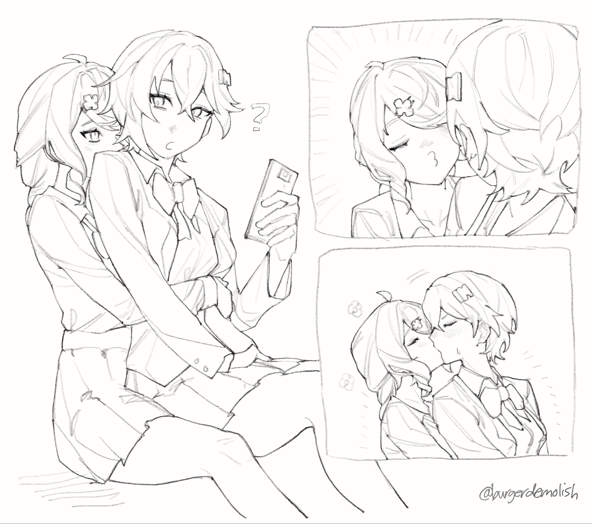 meous, belle (zenless zone zero), seed (zenless zone zero), zenless zone zero, highres, 2girls, alternate costume, blush, cellphone, closed eyes, holding, holding phone, hug, hug from behind, kiss, multiple girls, phone, school uniform, smartphone, twitter username, yuri