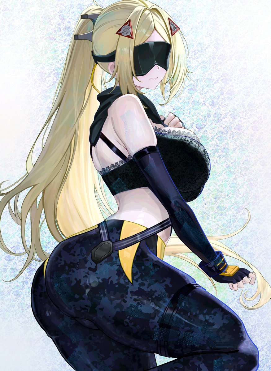 gurei (streaper42846), trigger (zenless zone zero), zenless zone zero, commentary, english commentary, highres, 1girl, ass, back, bare shoulders, black bra, black gloves, black pants, black sleeves, blindfold mask, blonde hair, bra, breasts, camouflage, camouflage pants, closed mouth, covered eyes, fingerless gloves, from side, gloves, hair ornament, hand on own chest, lace, lace bra, large breasts, long hair, mask, pants, patterned background, ponytail, solo, standing, standing on one leg, thigh strap, tight clothes, tight pants, triangle hair ornament, underwear