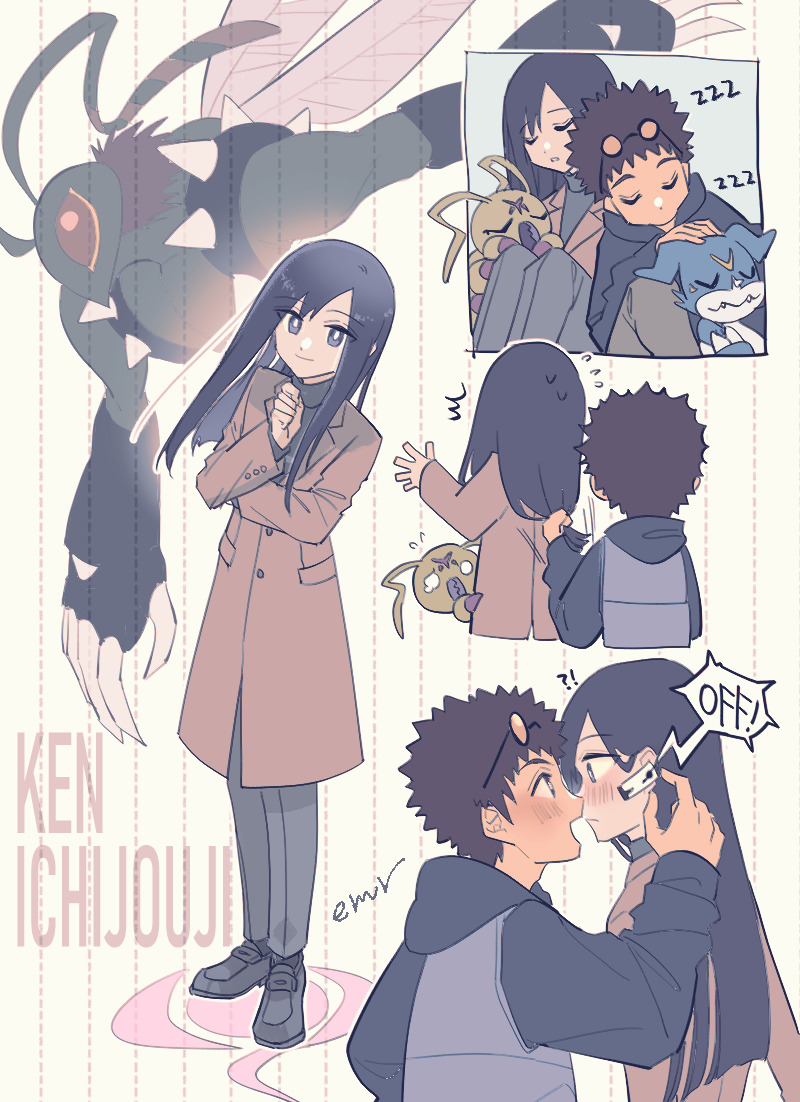 ichijouji ken, motomiya daisuke, stingmon, v-mon, wormmon, digimon, digimon adventure 02, 2boys, back, black hair, black pants, black shoes, black sweater, blue skin, blush, brown coat, bug, claws, coat, colored skin, compound eyes, digimon (creature), earpiece, emr7, from behind, grabbing another's hair, green skin, holding another's hair, hood, hoodie, implied yaoi, insect wings, jacket, long coat, long hair, male focus, multiple boys, pants, shoes, shoulder spikes, sleeping, speaker, spiked hair, spikes, sweater, tinted eyewear, turtleneck, turtleneck sweater, wings