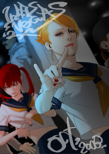 fugi jis, candy cane (rumble roses), miss spencer, rumble roses, 2girls, m/, n/, black nails, blurry, depth of field, multiple girls, nail polish, red nails, school uniform, serafuku, twintails