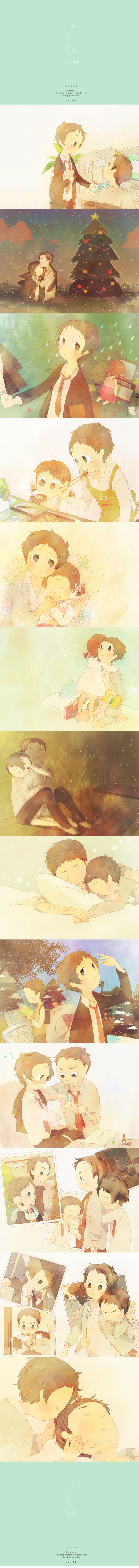 binch, adachi tooru, doujima nanako, doujima ryoutarou, atlus, persona, persona 4, absurdres, bad id, bad pixiv id, highres, long image, tall image, 1girl, 2boys, alarm clock, apron, bag, barefoot, beard stubble, bed, blush, book, brown eyes, brown hair, cabbage, candy, cardigan, cellphone, child, chopsticks, christmas, christmas tree, cigarette, clock, cloud, coat, coffee, computer, constellation, dolphin, earmuffs, facial hair, first aid, first aid kit, fish, food, formal clothes, fruit, graph, hair ribbon, hug, kiss, lemon, lingerie, meat, monitor, multiple boys, necktie, notebook, pencil, phone, photo (object), pie chart, pillow, plant, rabbit, rain, ribbon, rice, salt, salt shaker, satchel, scarf, scissors, shamoji, shirt, shorts, sleeping, snow, star (symbol), steam, striped clothes, striped scarf, stubble, suit, sweatdrop, tears, television, twintails, underwear, watch, wooden pencil, wristwatch, yaoi
