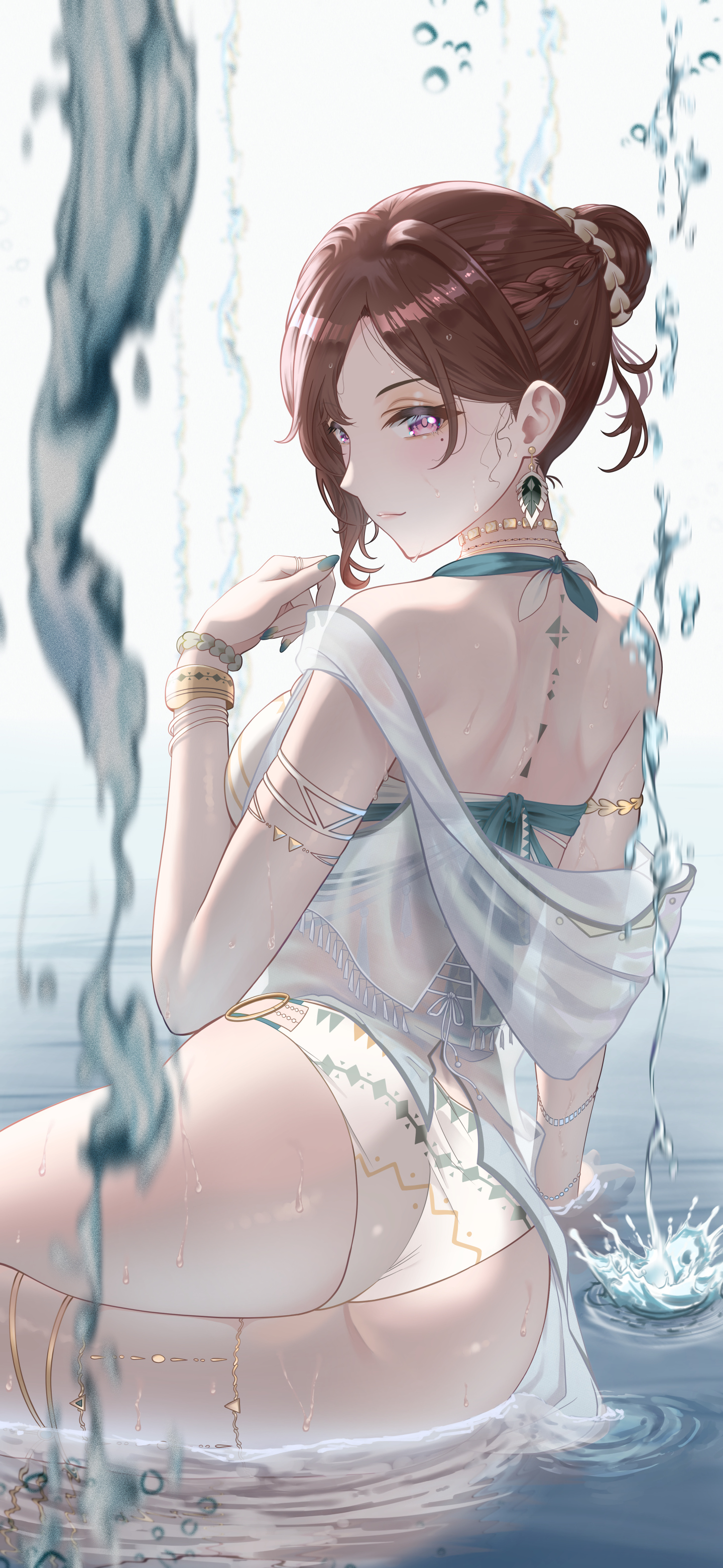 kagari naoto, higuchi madoka, idolmaster, idolmaster shiny colors, absurdres, highres, 1girl, arm support, ass, asymmetrical sidelocks, bikini, blush, bracelet, breasts, brown hair, hair bun, jewelry, looking at viewer, looking back, medium breasts, mole, mole under eye, red eyes, reflection, reflective water, shallow water, sidelocks, single hair bun, solo, swimsuit, water, water drop, white bikini
