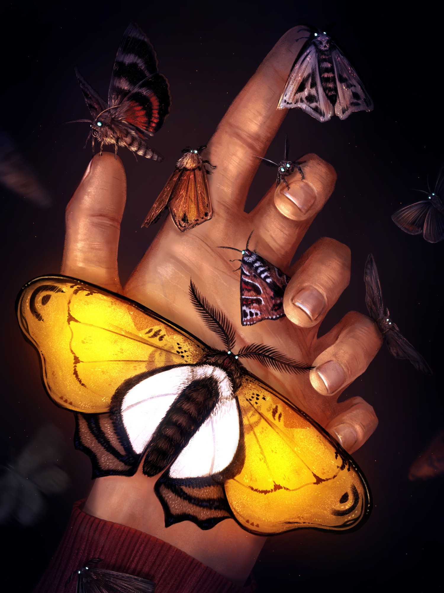 bill cipher, ford pines, gravity falls, highres, 1boy, bug, disembodied hand, fingernails, insect, moth, unsung-idiot