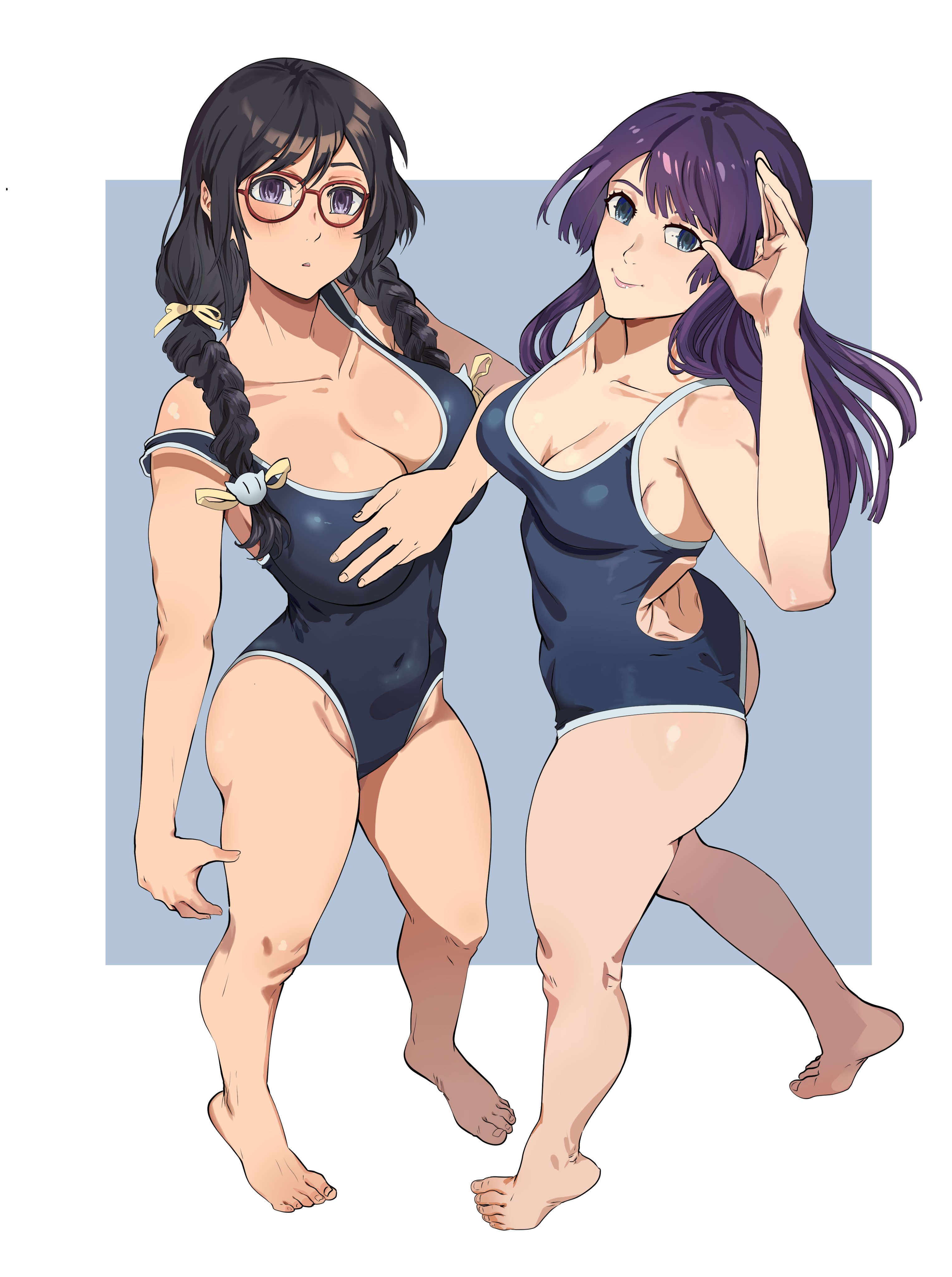 firstdayiyui, hanekawa tsubasa, senjougahara hitagi, monogatari (series), absurdres, commentary, highres, 2girls, ass, barefoot, black hair, blue background, blue eyes, blue one-piece swimsuit, braid, breasts, cat hair ornament, cleavage, closed mouth, collarbone, competition swimsuit, covered navel, feet, full body, glasses, hair ornament, hand up, highleg, highleg one-piece swimsuit, large breasts, long hair, looking at viewer, medium breasts, multiple girls, one-piece swimsuit, purple hair, red-framed eyewear, standing, strap slip, swimsuit, thighs, twin braids, two-tone background, white background