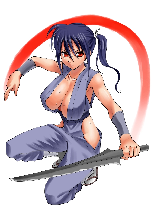 tanaka aji, 1girl, blue hair, breasts, female focus, full body, huge breasts, large breasts, ninja, ponytail, side ponytail, solo, sweat, sword, weapon
