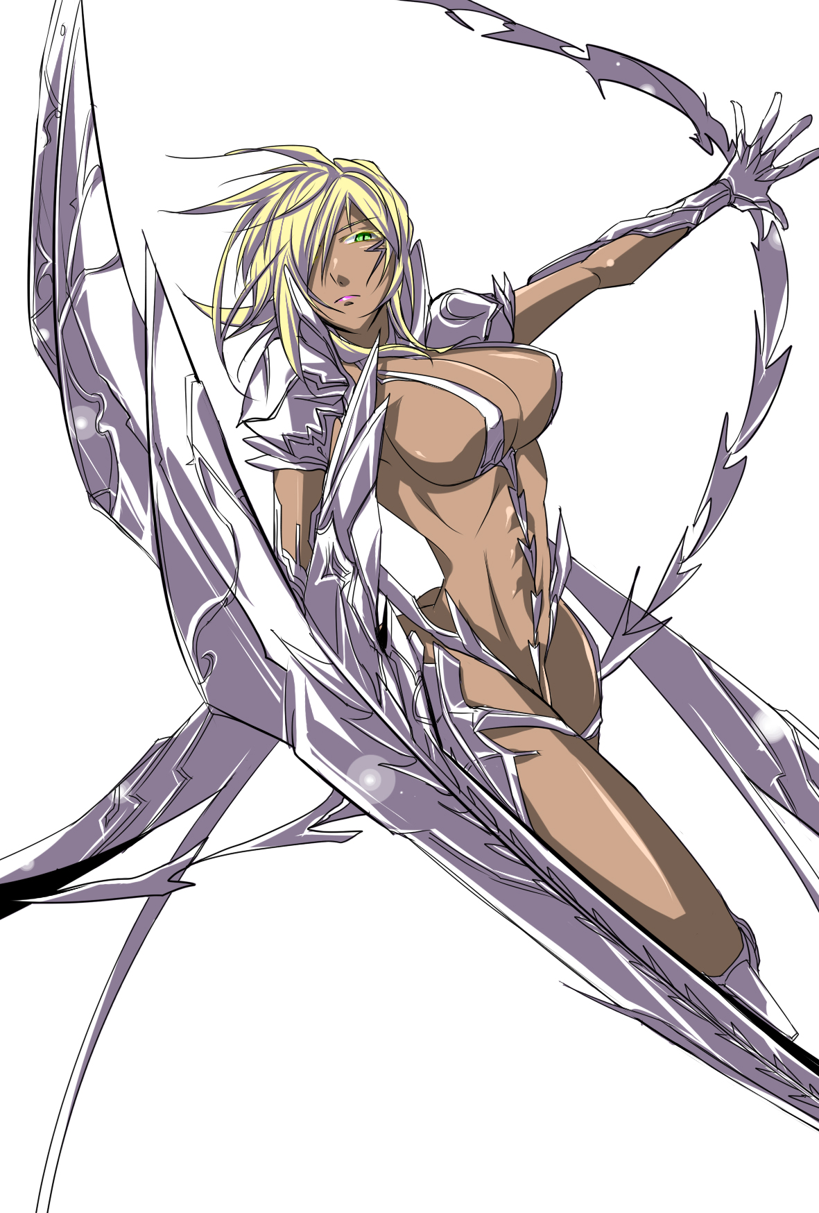 natsu (ooo-ooo), tier harribel, bleach, bad id, bad pixiv id, highres, spoilers, 00s, 1girl, arrancar, blonde hair, breasts, dark-skinned female, dark skin, facial mark, female focus, green eyes, large breasts, number tattoo, resurreccion, revealing clothes, sideboob, solo, tattoo