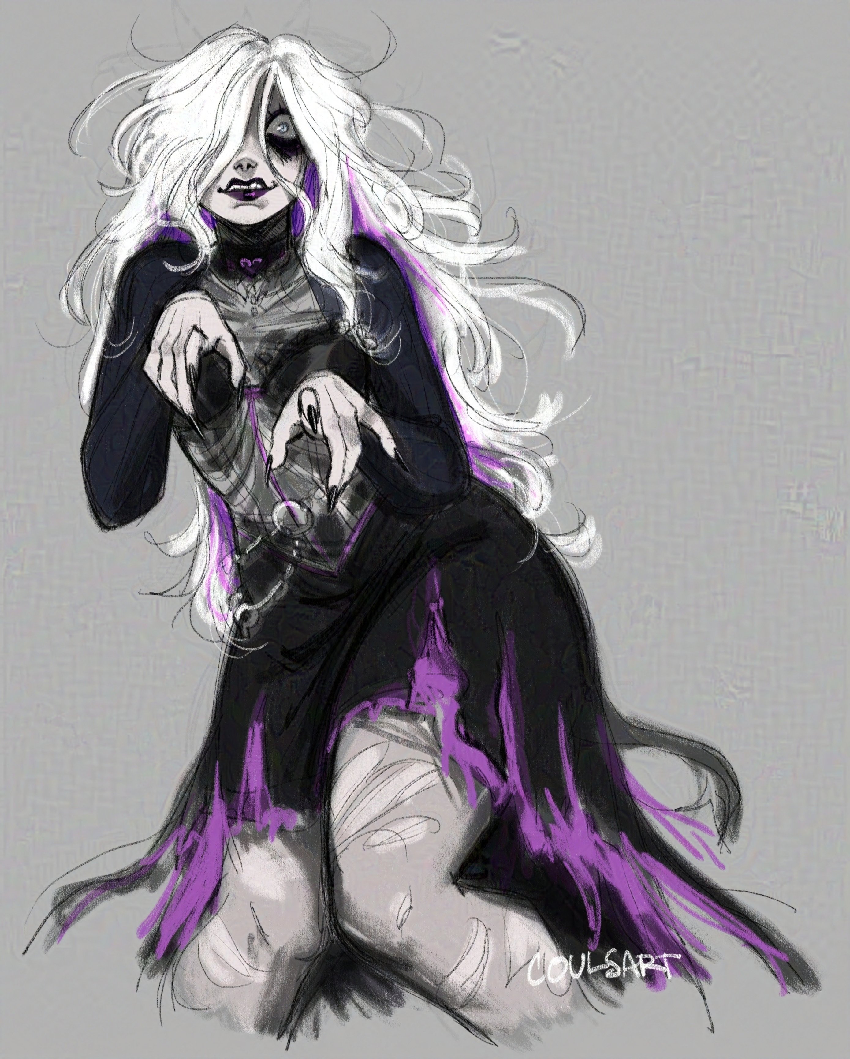 sable ward, dead by daylight, absurdres, commentary, english commentary, highres, 1girl, black bra, black choker, black eyeshadow, black lips, black nails, bra, bra visible through clothes, breasts, choker, colored inner hair, coulsart, crazy, emo fashion, eyeshadow, fingernails, goth fashion, grey background, grey eyes, hair over one eye, heart, heart choker, lipstick, long hair, looking at viewer, makeup, mascara, messy hair, multicolored hair, no eyebrows, pantyhose, pointing, pointing at viewer, purple hair, runny makeup, sharp fingernails, shrug (clothing), signature, skirt, small breasts, smile, solo, torn clothes, torn pantyhose, torn skirt, two-tone hair, underwear, white hair