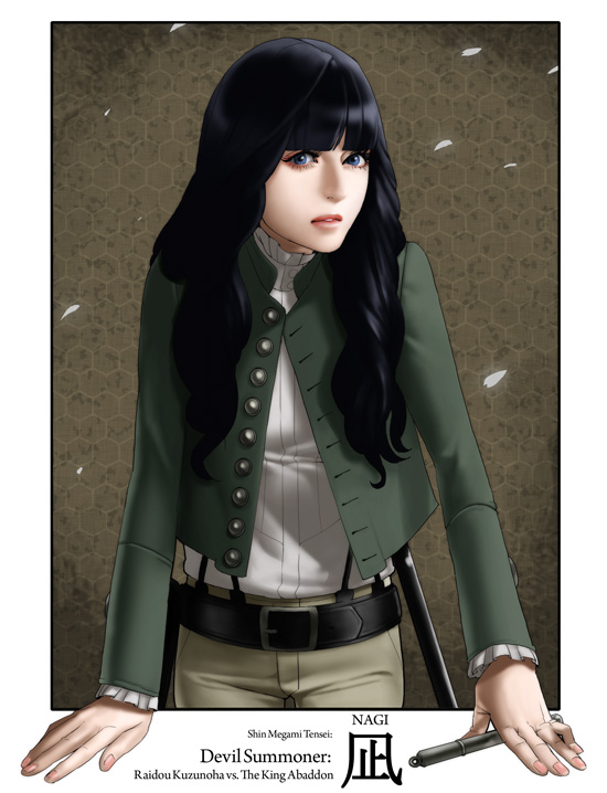 fugi jis, kuzunoha raidou, nagi (devil summoner), atlus, devil summoner (series), shin megami tensei, 1girl, belt, black hair, blue eyes, jacket, long hair, looking at viewer, open clothes, open jacket, realistic