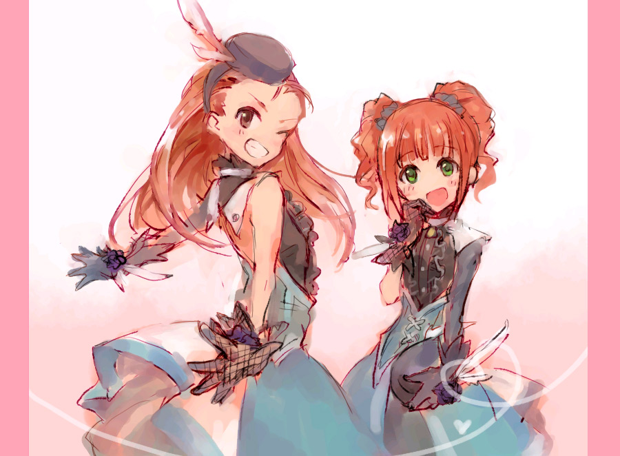 yokoshima (tirimoti), minase iori, takatsuki yayoi, idolmaster, idolmaster (classic), bad id, bad pixiv id, 00s, 2girls, blush, brown eyes, brown hair, gloves, green eyes, hairband, hat, long hair, multiple girls, one eye closed, short hair, twintails, wink