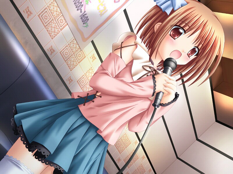 ohizumi daisaku, kusakabe nanami, girigiri love, game cg, 1girl, brown eyes, brown hair, female focus, music, ribbon, singing, skirt, solo, thighhighs, white thighhighs