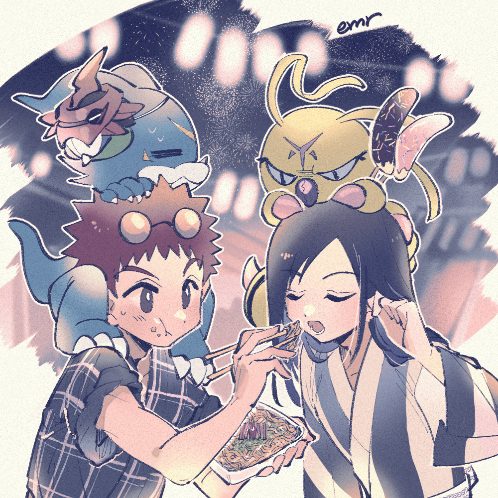 ichijouji ken, motomiya daisuke, v-mon, wormmon, digimon, digimon adventure 02, 2boys, :t, angry, antennae, banana, black hair, blue skin, bug, chibikemo, chocolate-covered food, chocolate banana, closed mouth, colored skin, digimon (creature), emr7, feeding, food, fruit, green skin, implied yaoi, japanese clothes, kimono, long hair, male focus, mask, mask on head, multiple boys, noodles, sleeves rolled up, spiked hair, striped clothes, tinted eyewear, yukata