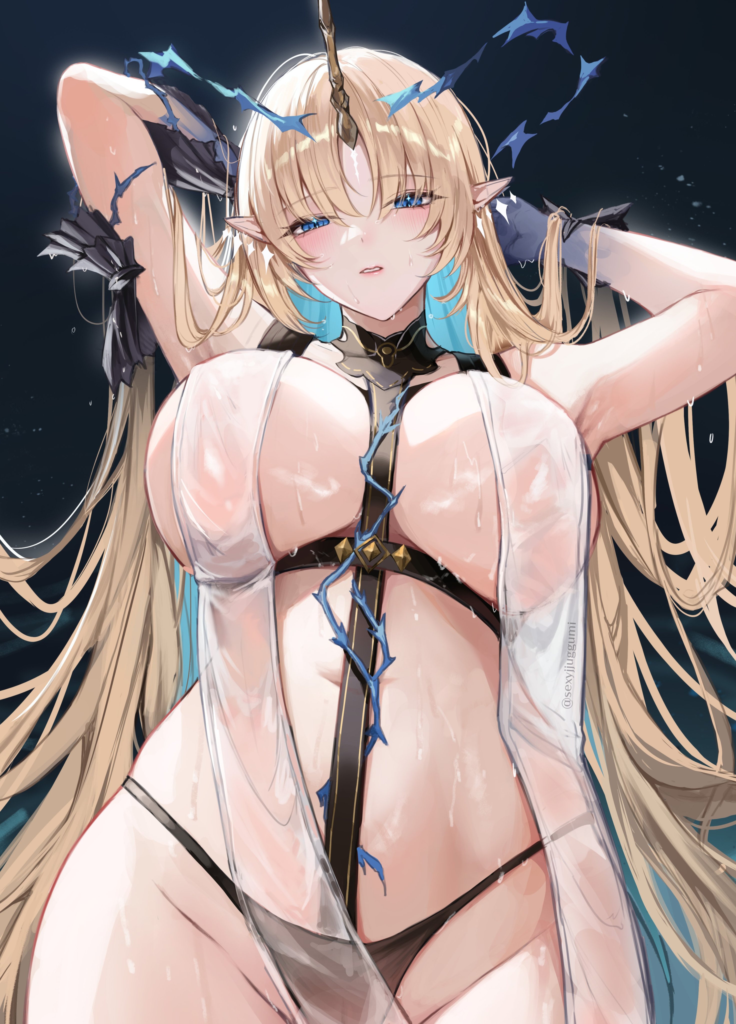 yujin (sexyjjuggumi), fleurdelys (wuthering waves), wuthering waves, absurdres, highres, 1girl, armpits, arms up, bare shoulders, blonde hair, blue eyes, blue hair, blue hands, blush, breast curtains, breasts, colored inner hair, cowboy shot, crown of thorns, earrings, floating earrings, groin, hands in own hair, horns, jewelry, large breasts, long hair, long horns, looking at viewer, multicolored hair, parted bangs, parted lips, pointy ears, revealing clothes, sidelocks, single horn, solo, stomach, tacet mark (wuthering waves), twitter username, very long hair, wet, yellow horns