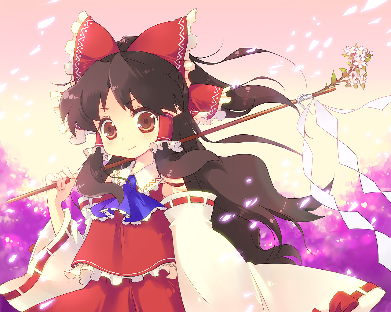 sokomushi, hakurei reimu, phantasmagoria of flower view, touhou, bad id, bad pixiv id, 1girl, black hair, detached sleeves, female focus, flower, gohei, japanese clothes, long hair, miko, oonusa, outdoors, plant, skirt, sky, solo