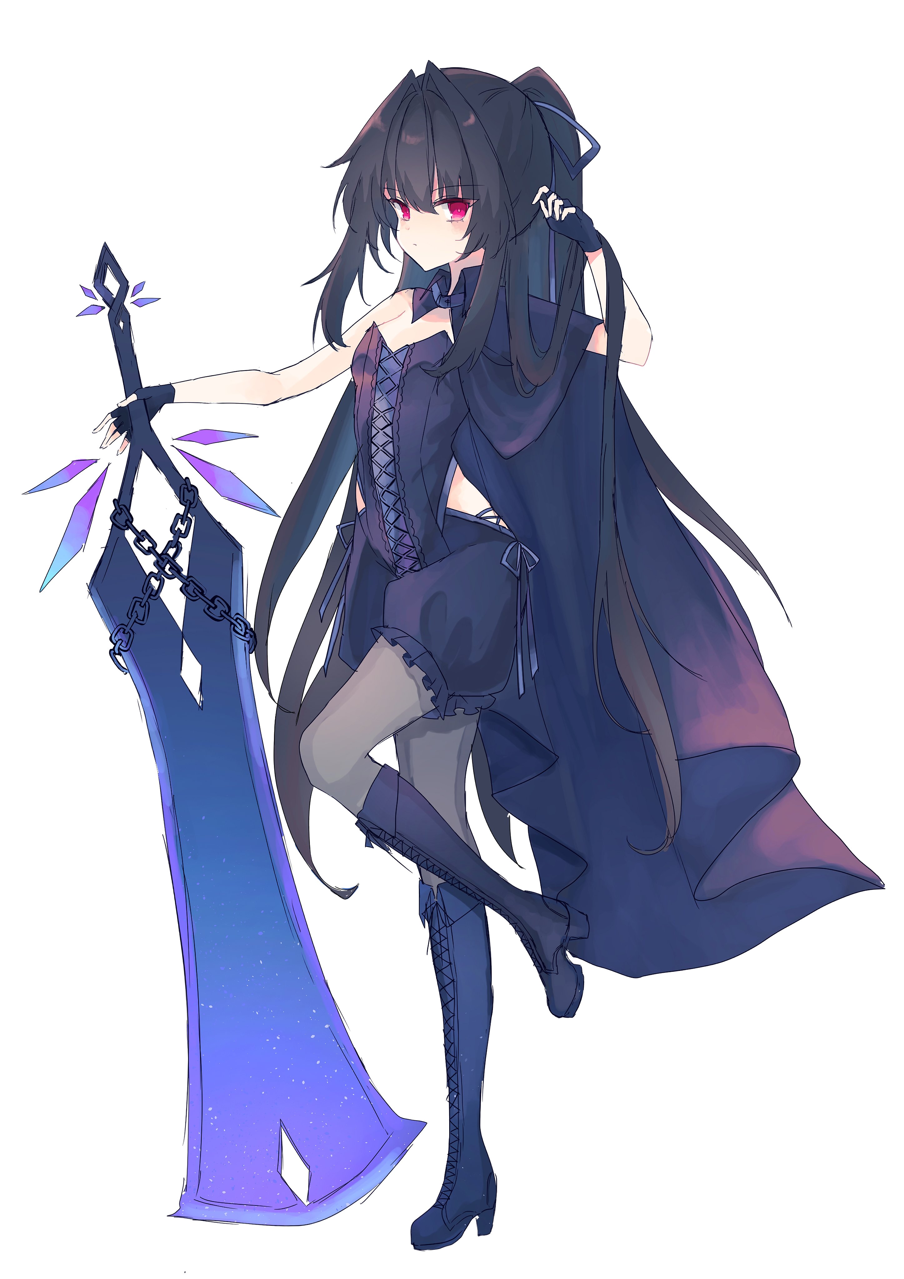 ice blue rose, original, absurdres, highres, 1girl, black boots, black cape, black collar, black dress, black gloves, black hair, boots, cape, collar, detached collar, dress, fingerless gloves, full body, gloves, huge weapon, long hair, looking at viewer, off-shoulder dress, off shoulder, pink eyes, simple background, sleeveless, sleeveless dress, solo, standing, standing on one leg, sword, very long hair, weapon, white background