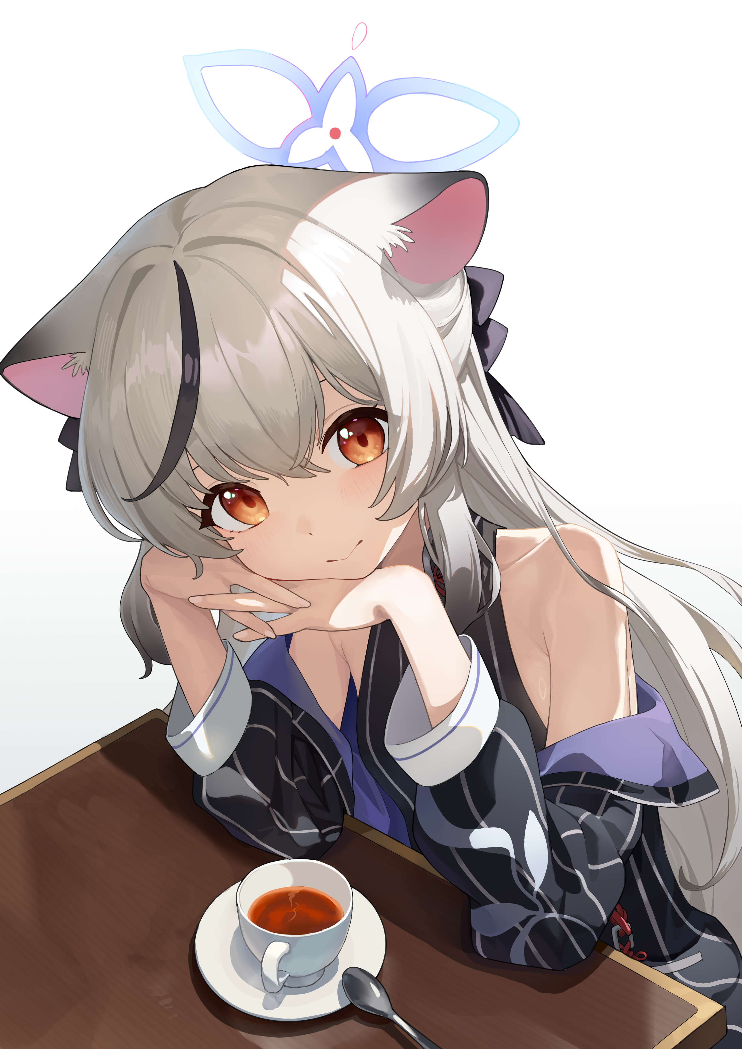 liago, kokona (blue archive), blue archive, absurdres, highres, 1girl, animal ears, bare shoulders, black dress, black jacket, blue halo, blush, brown eyes, china dress, chinese clothes, closed mouth, dress, grey hair, hair between eyes, halo, jacket, long hair, looking at viewer, sleeveless, sleeveless dress, smile, solo